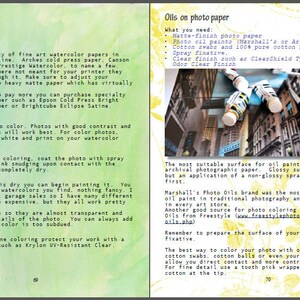 K&ouml;nnte beinhalten: Eine Buchseite mit Anweisungen zum Malen mit &Ouml;lfarben auf Fotopapier. Die Seite enth&auml;lt eine Liste der ben&ouml;tigten Materialien, wie z. B. mattes Fotopapier, &Ouml;lfarben f&uuml;r Fotos, Wattest&auml;bchen und ein Spr&uuml;hfixiermittel. Die Seite enth&auml;lt auch ein Foto einer Stra&szlig;enszene in der Stadt.