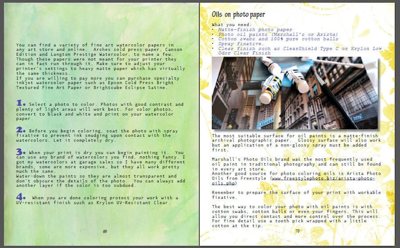 K&ouml;nnte beinhalten: Eine Buchseite mit Anweisungen zum Malen mit &Ouml;lfarben auf Fotopapier. Die Seite enth&auml;lt eine Liste der ben&ouml;tigten Materialien, wie z. B. mattes Fotopapier, &Ouml;lfarben f&uuml;r Fotos, Wattest&auml;bchen und ein Spr&uuml;hfixiermittel. Die Seite enth&auml;lt auch ein Foto einer Stra&szlig;enszene in der Stadt.