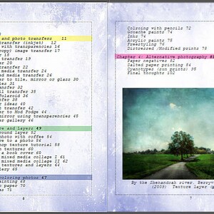 K&ouml;nnte beinhalten: Ein Buchcover mit blauem und wei&szlig;em Hintergrund, das ein Foto einer Stra&szlig;e zeigt, die zu einem Feld mit B&auml;umen und einem bew&ouml;lkten Himmel f&uuml;hrt. Der Buchtitel lautet "Texture and Layers" und der Text "By the Shenandoah river, Berryville, Virginia (2009) Texture layer (page 56)" befindet sich am unteren Rand der Seite.