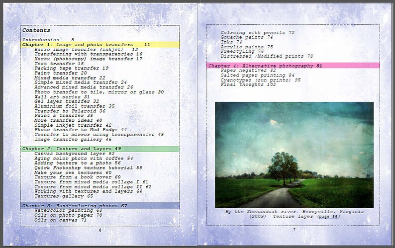 K&ouml;nnte beinhalten: Ein Buchcover mit blauem und wei&szlig;em Hintergrund, das ein Foto einer Stra&szlig;e zeigt, die zu einem Feld mit B&auml;umen und einem bew&ouml;lkten Himmel f&uuml;hrt. Der Buchtitel lautet "Texture and Layers" und der Text "By the Shenandoah river, Berryville, Virginia (2009) Texture layer (page 56)" befindet sich am unteren Rand der Seite.