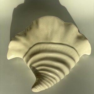 May include: Cream-coloured ceramic seashell-shaped dish. The dish has a ruffled edge and a spiral design on the bottom. The dish is on a white surface, with a shadow cast behind it.