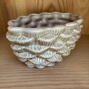 May include: A beige ceramic planter with a textured, layered design resembling a pinecone. The planter has a scalloped rim and a neutral colour, suitable for various plants and home decor styles.