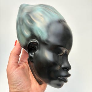 May include: A black sculpture of a human head with a smooth, matte finish. The top of the head features a gradient of teal and silver paint. The sculpture has a prominent nose, full lips, and closed eyes, suggesting a serene expression.