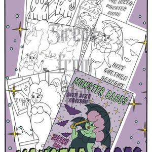May include: A collection of black and white illustrations with a purple border. The illustrations feature cartoon monsters, ghosts, and the text "Monster Babes" and "Feeding Your Inner Monster Since". The illustrations are in a coloring book style.