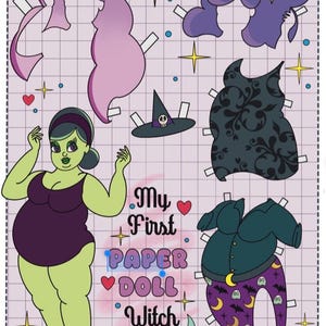 May include: A whimsical paper doll witch illustration with various outfits and accessories. The doll is green-skinned and wears a purple swimsuit. The image includes a witch hat, a dress, and pajamas. Text reads "My First Paper Doll Witch."