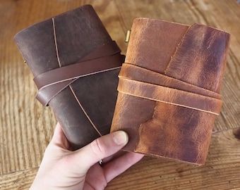 Raw Edge Leather Wrap Journal Cover, Refillable Rustic Leather Notebook Cover - 3.5 x 5.5" Field Notes & Moleskine, Mens Distressed Journal