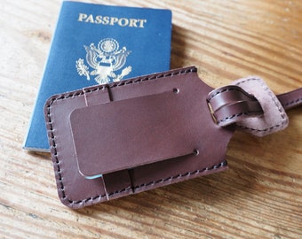 Leather Luggage Tags | Simple Brown Leather Bag Tag for Suitcase & Travel Bags | In Dark Brown, Light Brown and Black Leather | Wedding Gift