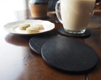 Round Leather Coasters - veg tan leather dark brown and black coffee coasters, iced tea coasters. Price includes four (4) coasters.