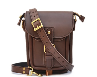 EDC Messenger Bag, Mens Leather Crossbody Bag | Black & Brown Leather Satchel | Everyday Carry Leather Camera Bag | Small Womens Messenger