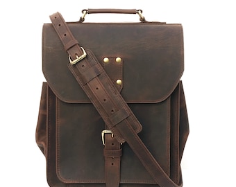 Leather Messenger Backpack Mens | Vintage Hybrid Laptop Messenger Bag | Convertible Backpack, Fits 15" Macbook | Vertical Satchel for Men