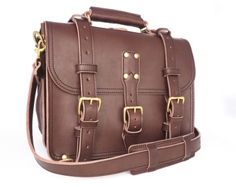Heavy Duty Leather Double Space Briefcase, Veg Tan Leather Briefcase, Large Leather Laptop Bag Women and Men, Double Space Briefcase