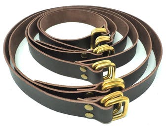 Flat Leather Straps, Leather Utility Strap for Backpacks & Bags, Set of 2 Long Leather Cinch Straps with Brass D-Rings, Strong Luggage Strap