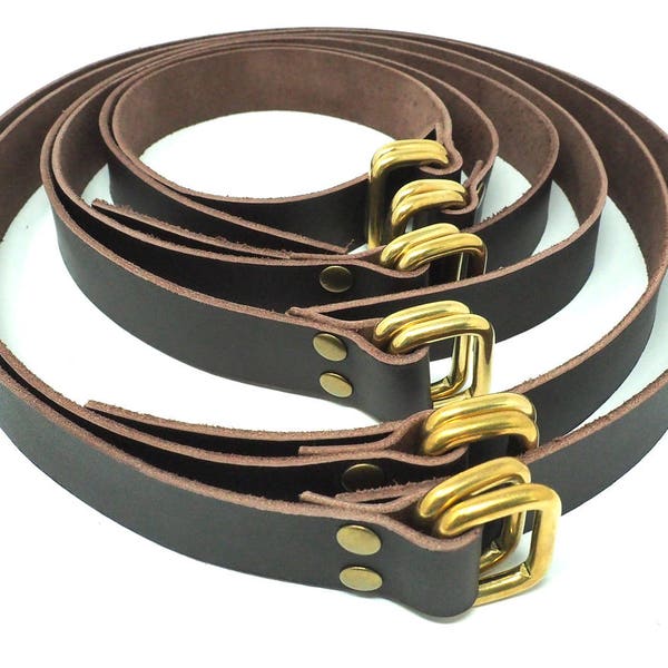 Flat Leather Straps, Leather Utility Strap for Backpacks & Bags, Set of 2 Long Leather Cinch Straps with Brass D-Rings, Strong Luggage Strap