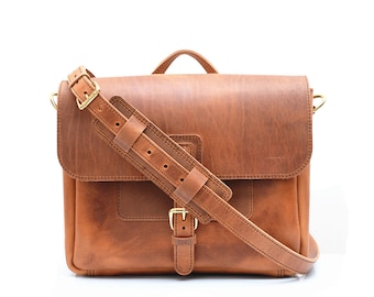 Vintage US Postal Messenger Bag | Mens Leather Laptop Satchel, Fits 13 or 15 Macbook | Womens Distressed Crossbody Mail Bag | Copper Rivets