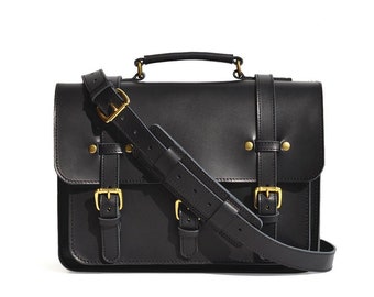 Businessman's Leather Briefcase | Men's Leather Satchel in Black & Brown Veg-Tan Leather | 15" Laptop Bag | Women's Crossbody Messenger Bag