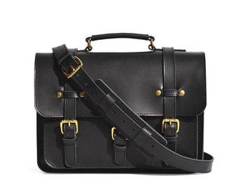 Maletín de piel para hombre / Bolso bandolera de piel curtida vegetal en negro y marrón / Bolsa para portátil de 15" / Bolso bandolera para mujer