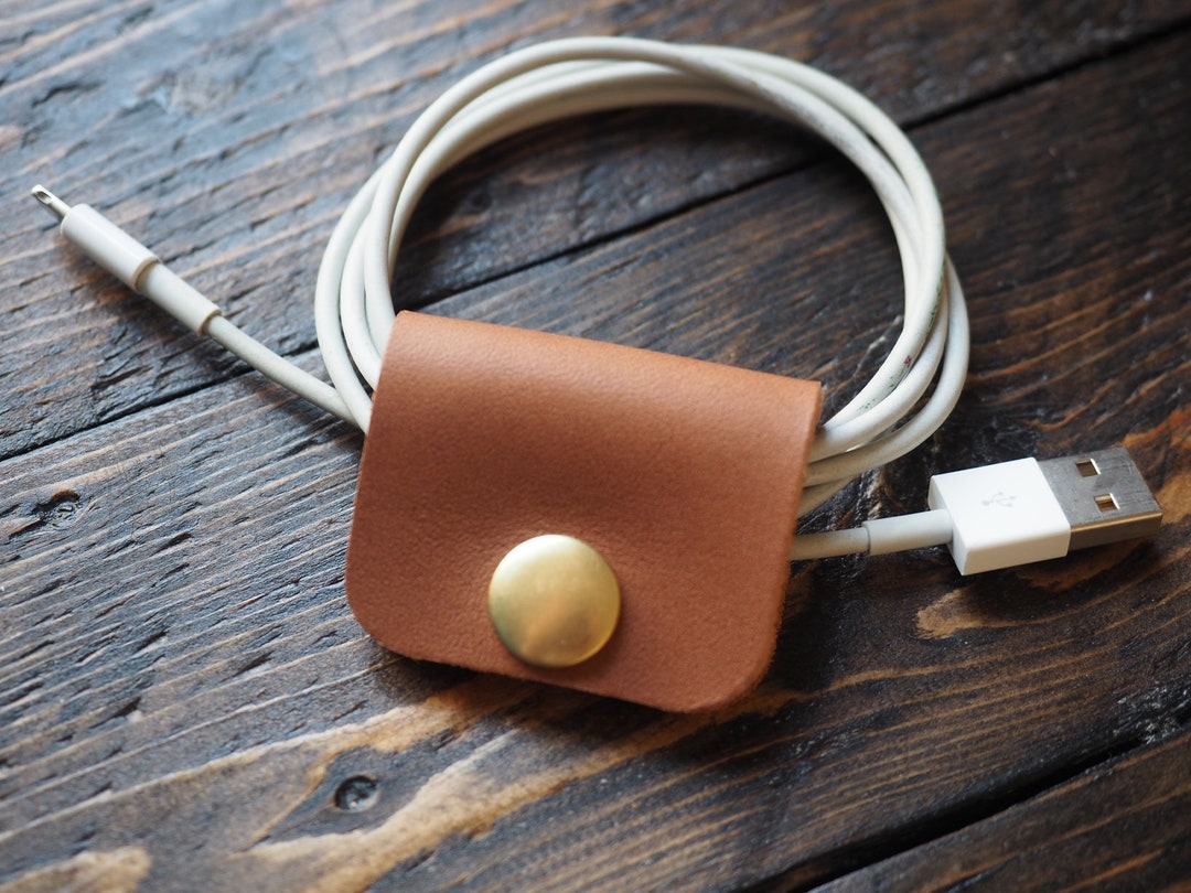 Leather Cord Organizer, Headphone Cord Wrap, Black & Brown Leather