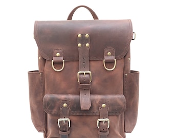 Vintage Brown Mens Leather Backpack | Handmade Mens Laptop Backpack | Distressed Leather Rucksack for Women | Large Hiking Day Pack