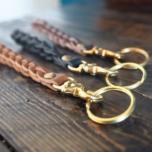 Braided Leather Keychain, Leather Braid Key Fob, Mens Key Ring w/ Brass Clasp, Black & Brown Leather Key Holder, Mens Christmas Gift for Dad