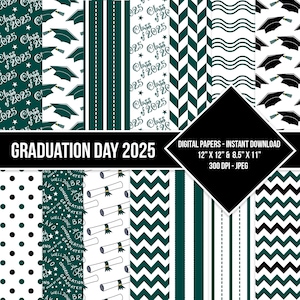 Graduation Day Digital Paper Seamless Pattern Class of 2025 Green Black White Golden Yellow Digital Grad Paper Backgrounds Instant Download