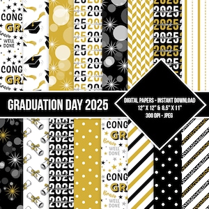 Graduation Digital Paper Seamless Pattern Class of 2025 Black Golden Yellow Silver Gray Scrapbook Paper Backgrounds Instant Download Set 3