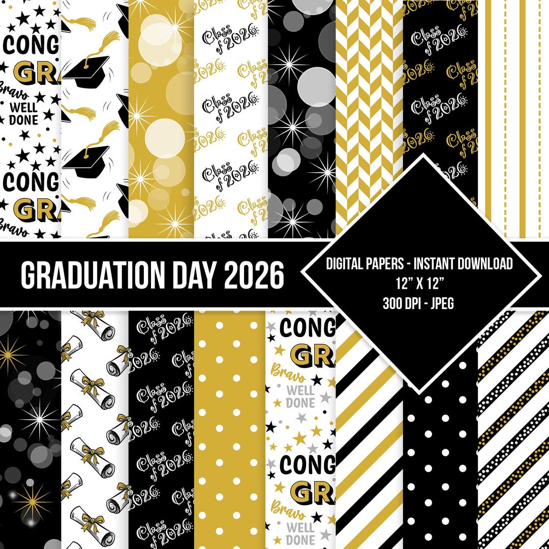 Graduation Grad Paper Graduation Digital Paper Seamless Pattern Class of 2026 Black Golden ...