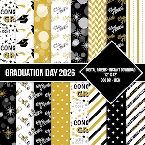 Graduation Digital Paper Seamless Pattern Class of 2026 Black Golden Yellow Silver Gray Scrapbook Paper Backgrounds Instant Download Set 3