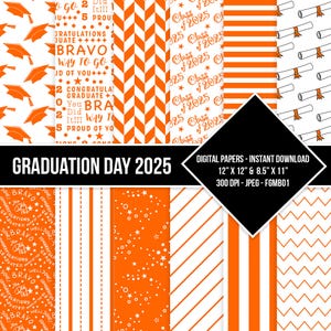 Graduation Day Digital Paper Seamless Pattern Class of 2025 Orange White Digital Grad Paper Backgrounds Instant Download