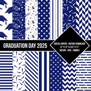Graduation Day Digital Paper Seamless Pattern Class of 2025 Royal Blue and White Digital Grad Paper Backgrounds Instant Download