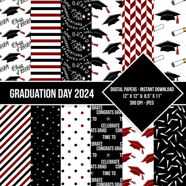 Graduation Day Digital Paper Seamless Pattern Class of 2024 Maroon Black White Digital Grad Paper Backgrounds Instant Download