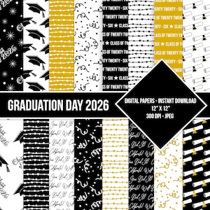 Graduation Day Digital Paper Seamless Pattern Class of 2026 Black White Golden Yellow Digital Grad Paper Backgrounds Instant Download Set 2