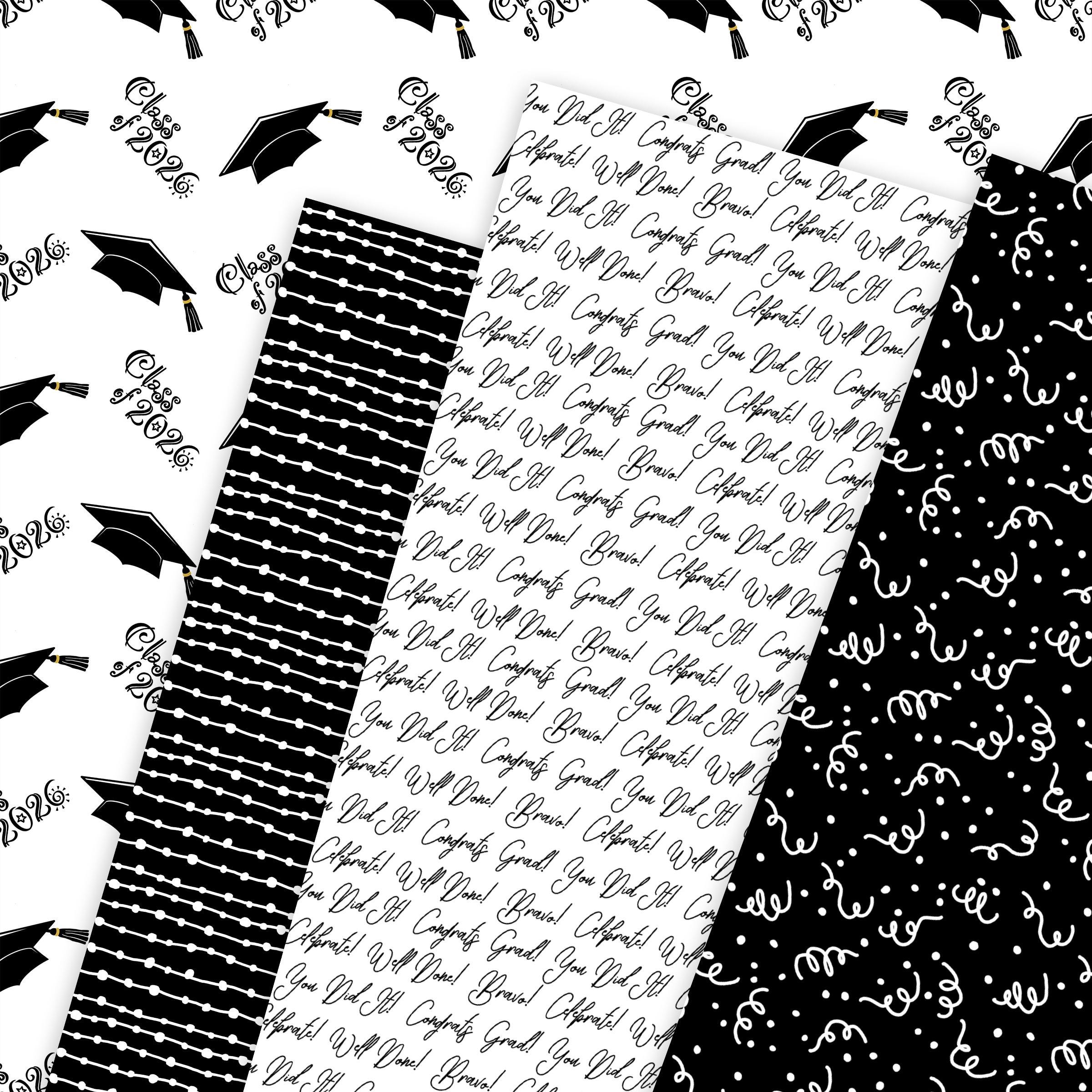 Graduation Day Digital Paper Seamless Pattern Class of 2026 Black White ...