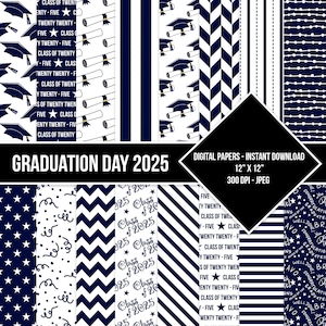 Graduation Day Digital Paper Seamless Pattern Class of 2025 Navy Blue and White Digital Grad Paper Backgrounds Instant Download