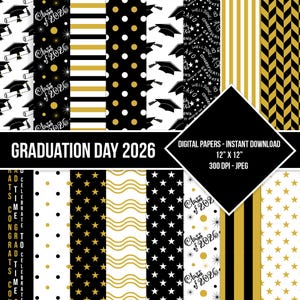 Graduation Day Digital Paper Seamless Pattern Class of 2026 Black White Golden Yellow Digital Grad Paper Backgrounds Instant Download