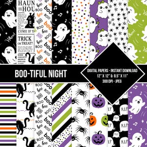 Op de afbeelding: Een verzameling digitale Halloween-thema papieren met diverse patronen. Ontwerpen omvatten geesten, pompoenen, spinnen, muzieknoten en de tekst "Boo-tiful Night". De papieren zijn verkrijgbaar in formaten van 30,48 cm x 30,48 cm en 21,59 cm x 27,94 cm.
