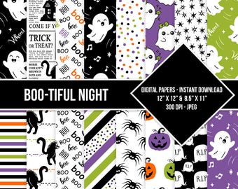 Op de afbeelding: Een verzameling digitale Halloween-thema papieren met diverse patronen. Ontwerpen omvatten geesten, pompoenen, spinnen, muzieknoten en de tekst "Boo-tiful Night". De papieren zijn verkrijgbaar in formaten van 30,48 cm x 30,48 cm en 21,59 cm x 27,94 cm.