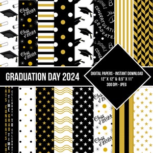 Graduation Day Digital Paper Seamless Pattern Class of 2024 Black White Golden Yellow Digital Grad Paper Backgrounds Instant Download