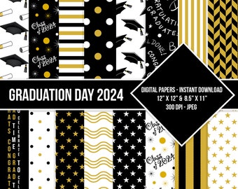 Graduation Day Digital Paper Seamless Pattern Class of 2024 Black White Golden Yellow Digital Grad Paper Backgrounds Instant Download