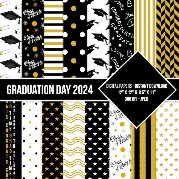 Graduation Day Digital Paper Seamless Pattern Class of 2024 Black White Golden Yellow Digital Grad Paper Backgrounds Instant Download