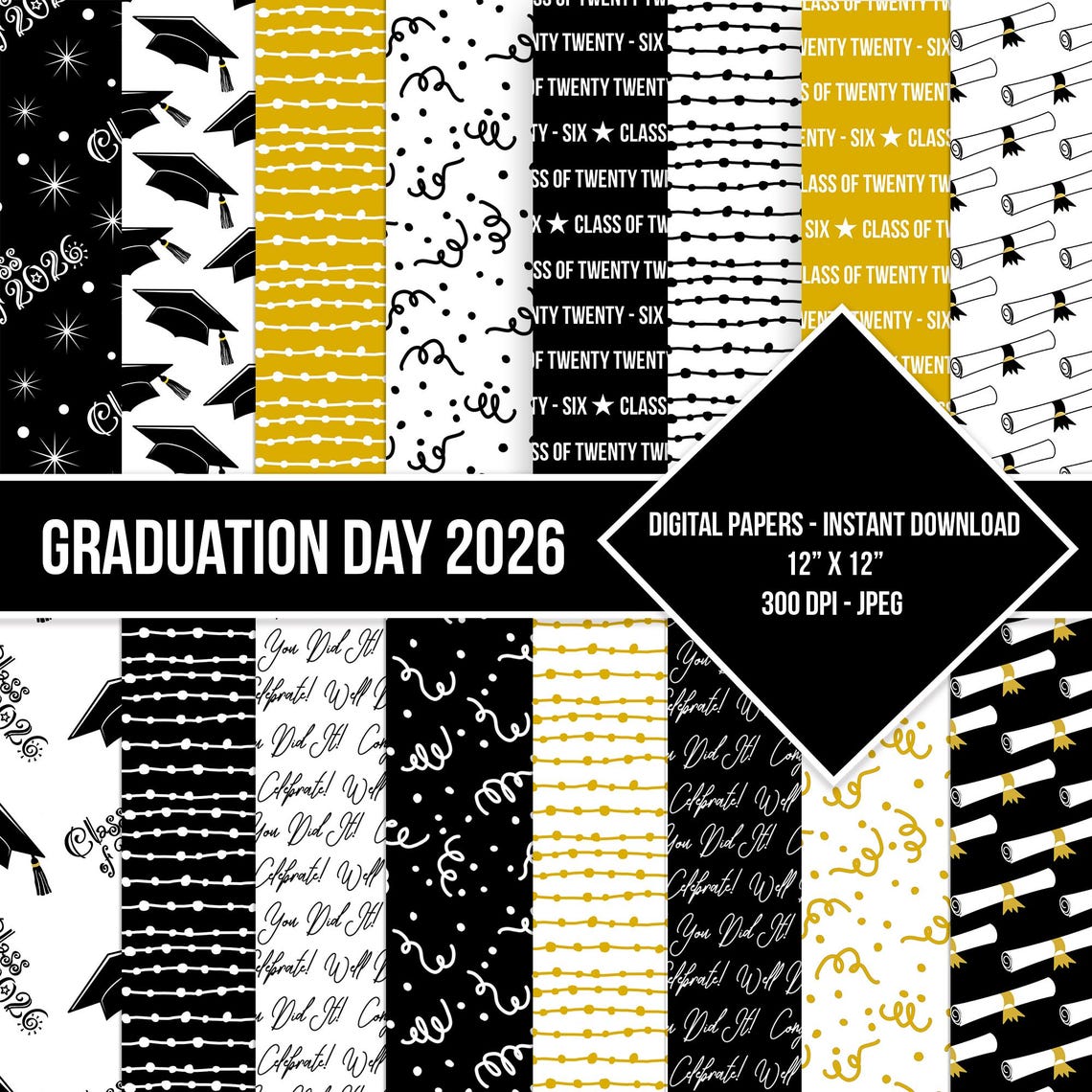 Graduation Day Digital Paper Seamless Pattern Class of 2026 Black White ...