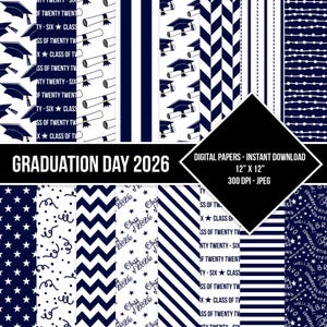 Graduation Day Digital Paper Seamless Pattern Class of 2026 Navy Blue and White Digital Grad Paper Backgrounds Instant Download
