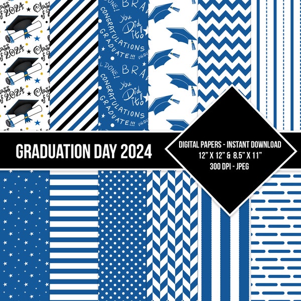 Graduation Day Digital Paper Seamless Class of 2024 Blue Black White Digital Grad Paper Pattern Backgrounds Instant Download Commercial Use