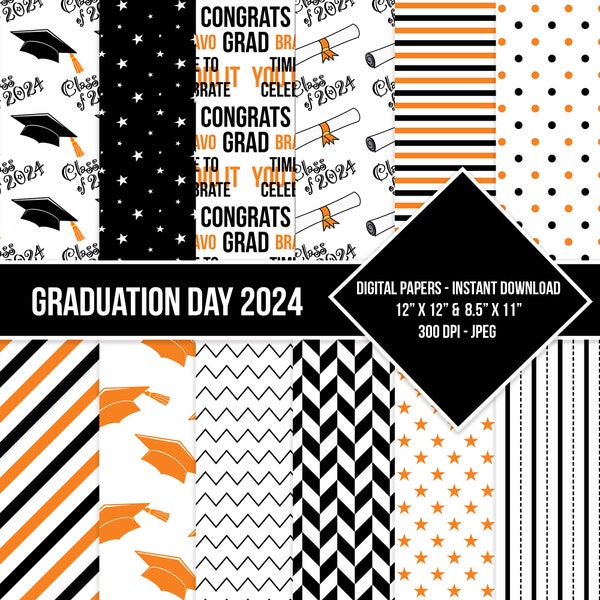 Graduation Day Digital Paper Seamless Pattern Class of 2024 Orange Black White Digital Grad Paper Backgrounds Instant Download