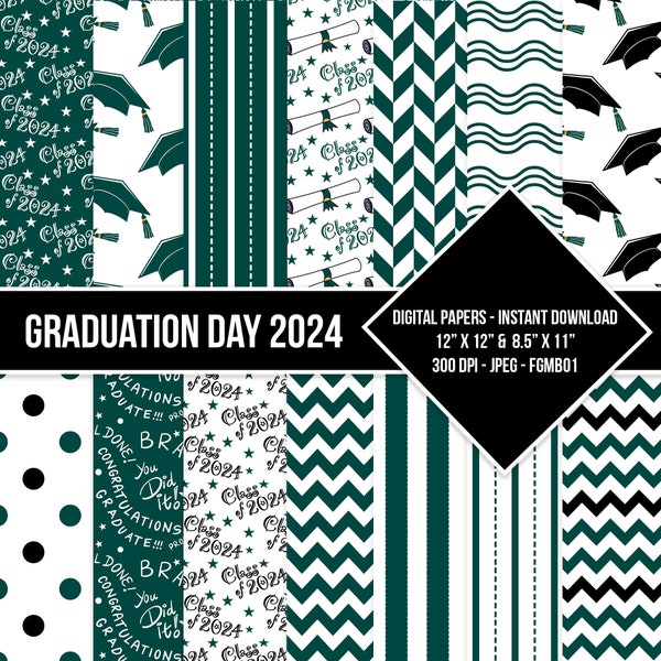 Graduation Day Digital Paper Seamless Pattern Class of 2024 Green Black White Golden Yellow Digital Grad Paper Backgrounds Instant Download