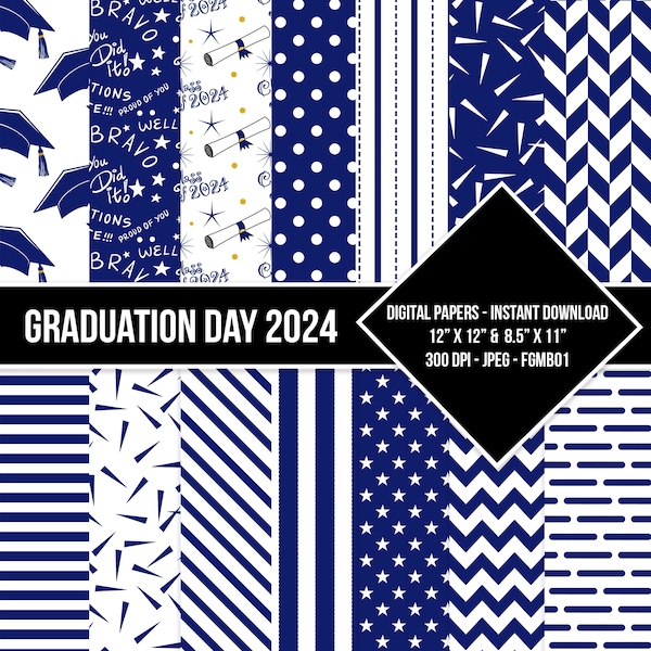 Graduation Day Digital Paper Seamless Pattern Class of 2024 Royal Blue and White Digital Grad Paper Backgrounds Instant Download