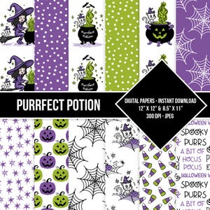 Halloween Digital Paper Pack Scrapbooking Papers Witch Purrfect Potion  Seamless Pattern Purple Green White Black
