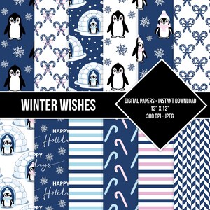 Winter Penguin Digital Paper Igloos Snowflakes Candy Canes Seamless Holiday Scrapbook Paper Patterns Blue Pink Instant Digital Download