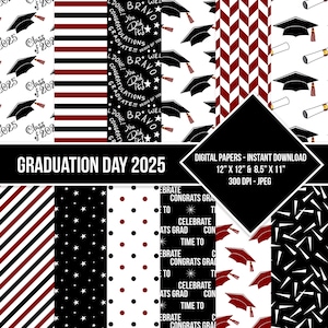 Graduation Day Digital Paper Seamless Pattern Class of 2025 Maroon Black White Digital Grad Paper Backgrounds Instant Download