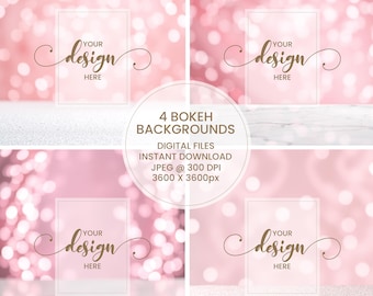 Soft Pink and White Bokeh Backgrounds 4 JPEG Feminine Glitter Lights Marble Backdrops Digital Download for Mockups and Text Overlay