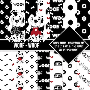 Paw Prints Digital Paper Pack Puppy Dog Seamless Pattern Black Red White Puppy Paw Scrapbooking Commercial Use Instant Download